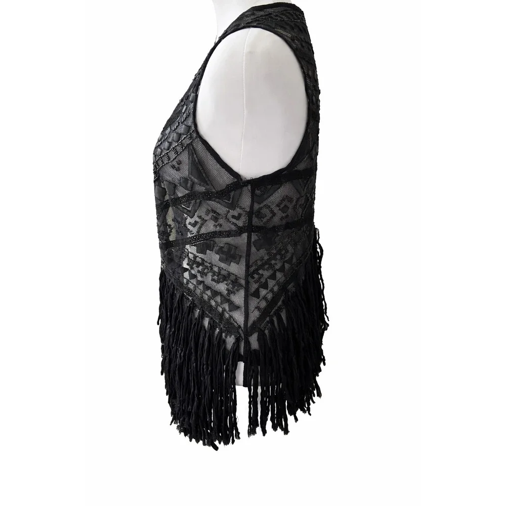 Boho Black Embroidered Womens Fringe Vest Med Y2K Witchy Whimsigoth Western NEW‎